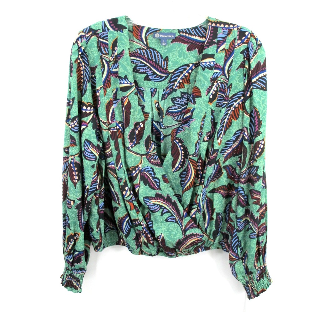 Democracy Women Green Tropical Leaf Wrap Blouse Elastic Waist L B7377WB8E